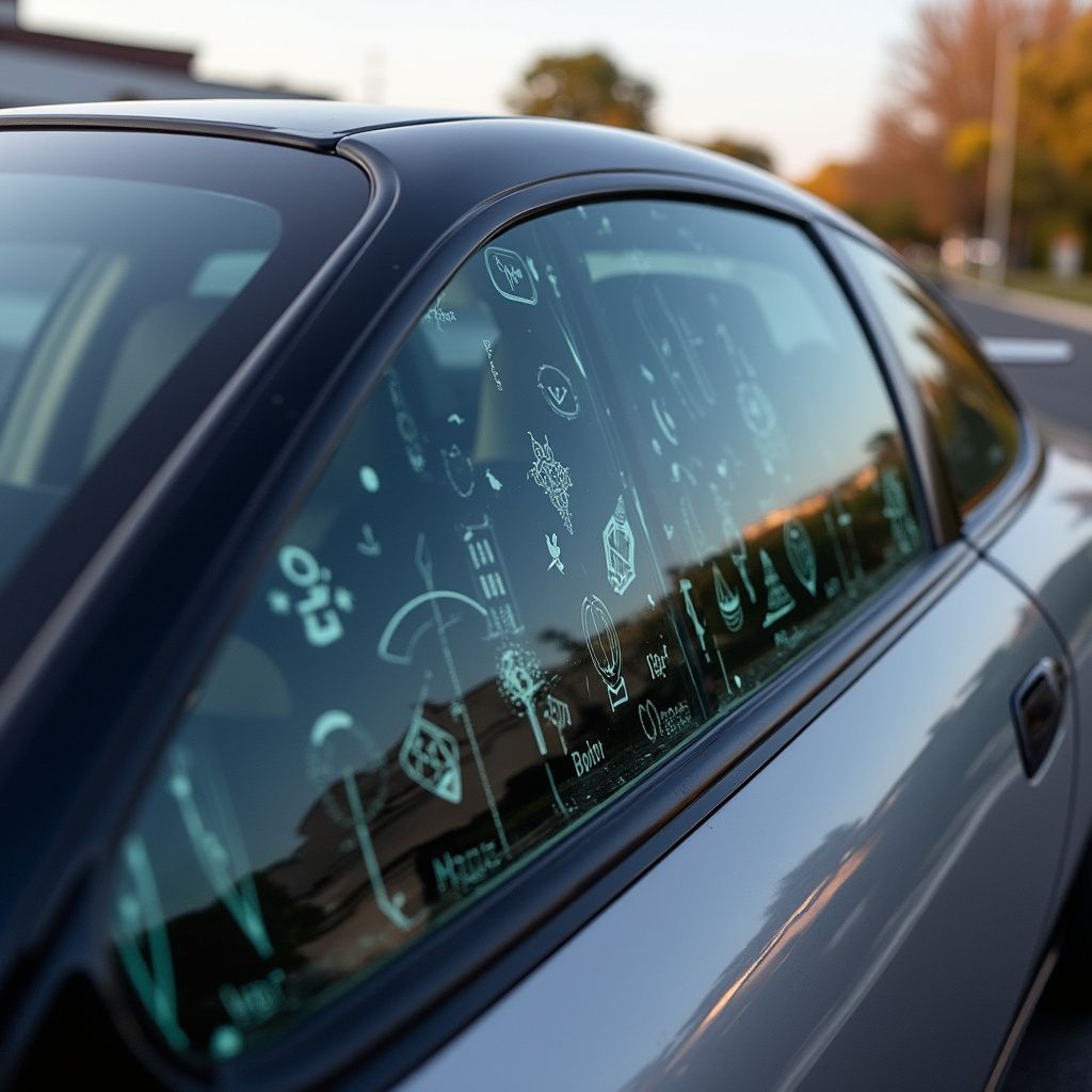 Silver car window with etched designs, black trim, parked outdoors.