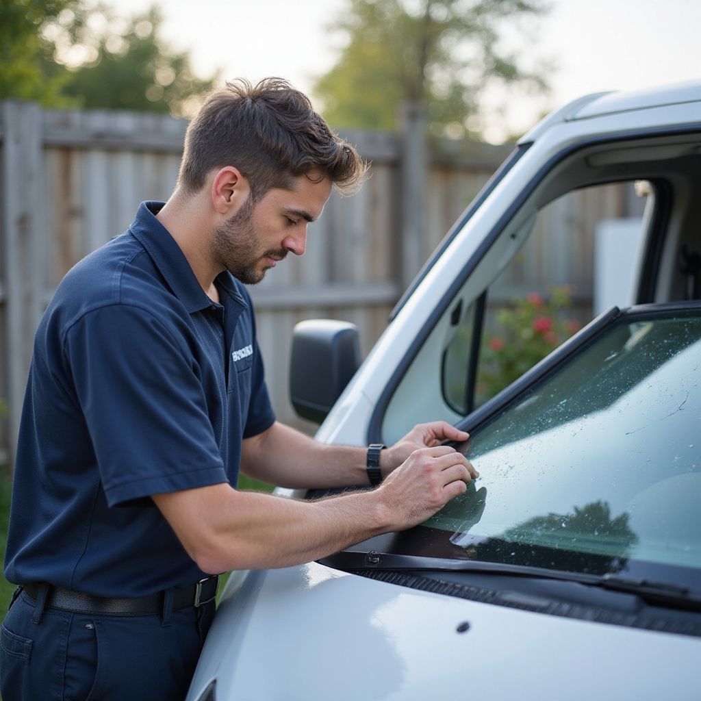 Man in blue shirt working on the windshield of a white van outdoors.