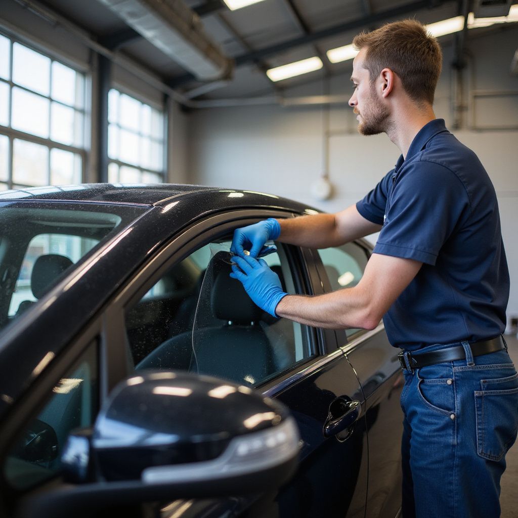 Mechanic in blue gloves cleans a black car window inside a garage.