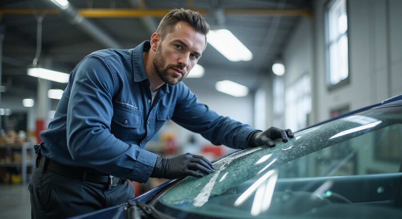 Mechanic cleaning a car windshield in a garage, wearing a blue shirt and black gloves.