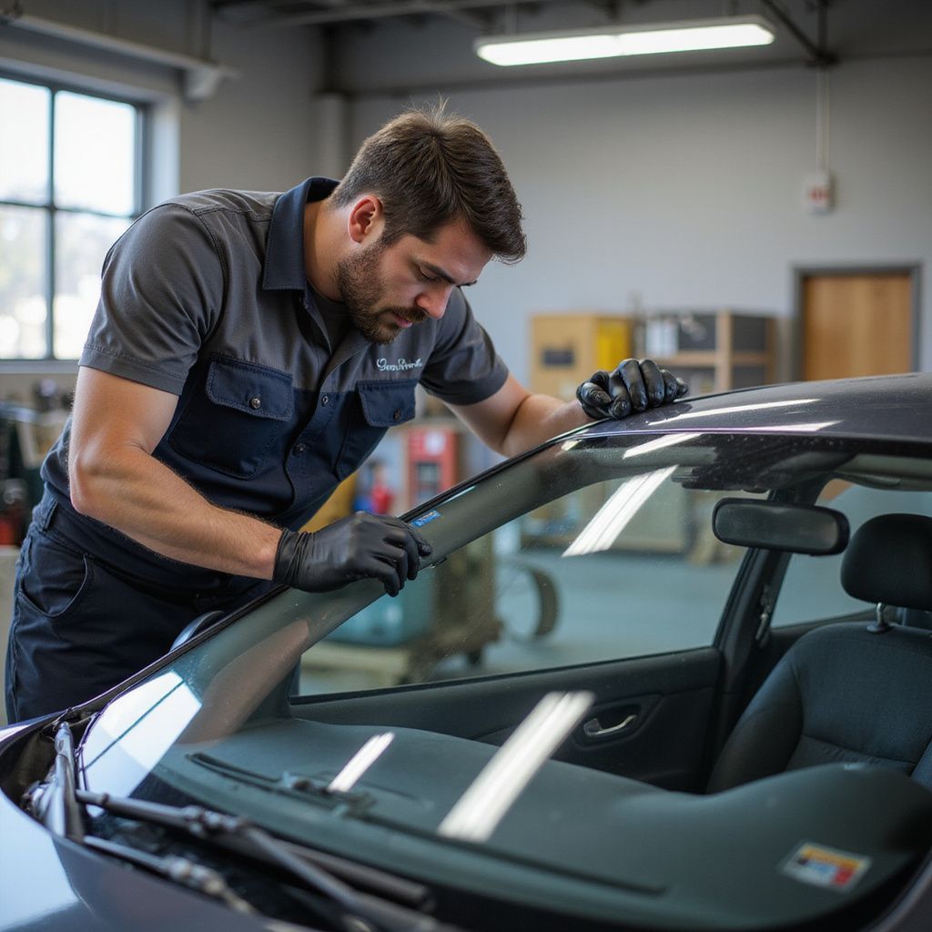 Mechanic inspecting a car windshield in a garage, wearing gloves.