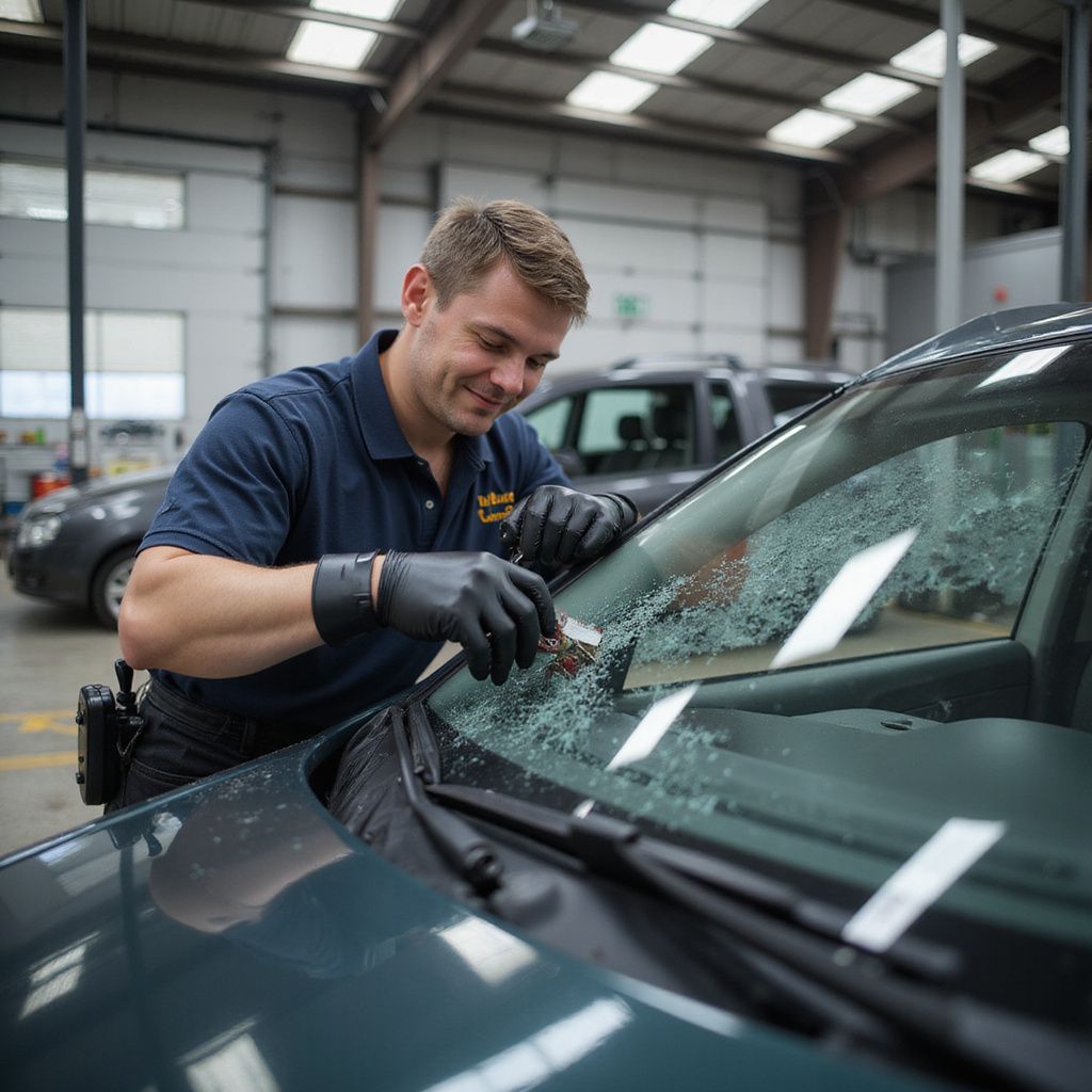 A person wearing gloves is working on a car windshield in a garage, smiling.