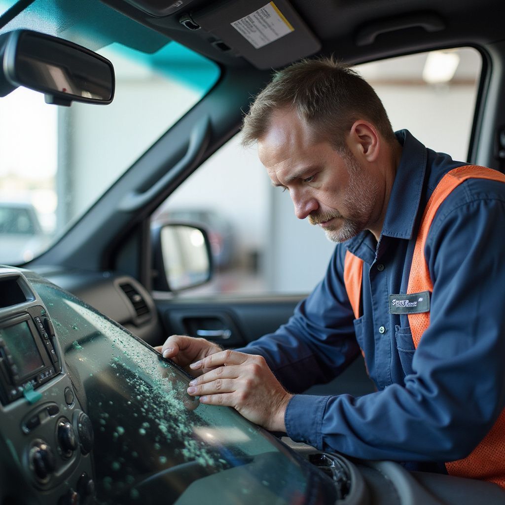 Mechanic examining car windshield inside vehicle. He wears a blue shirt and orange vest.