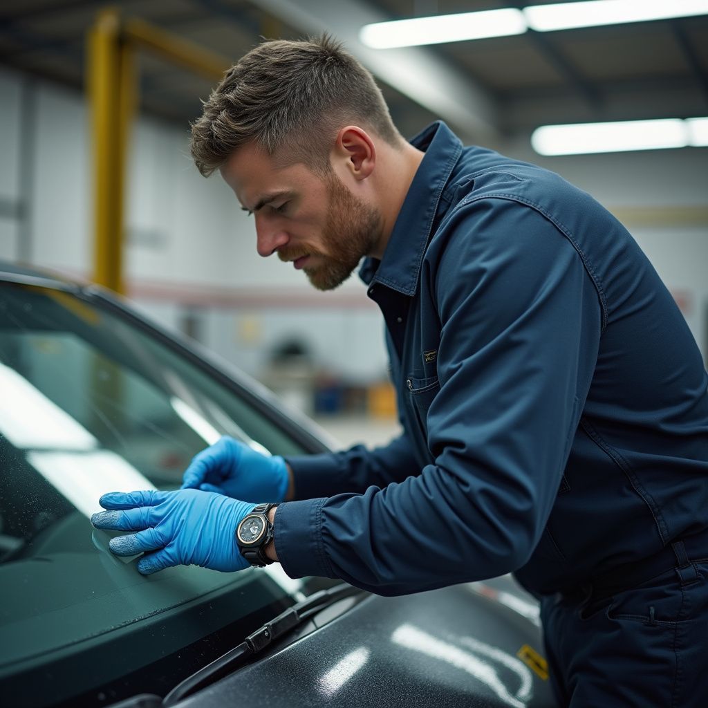 Mechanic in blue uniform and gloves inspecting a car windshield in a garage.