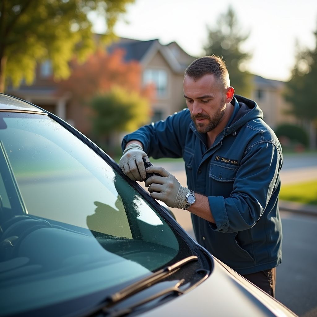 Man in blue jacket and gloves repairing a car windshield outdoors.