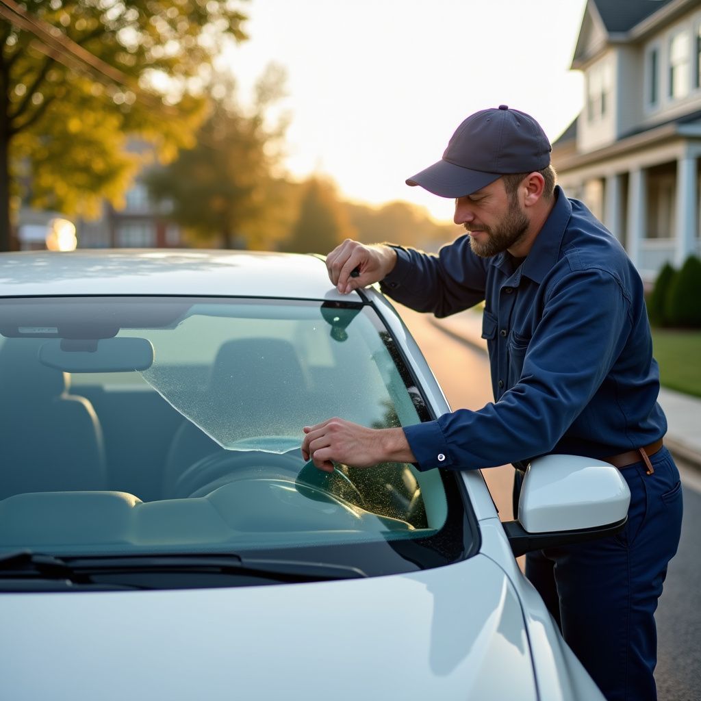 Man in cap cleaning a white car windshield in a residential street at sunset.