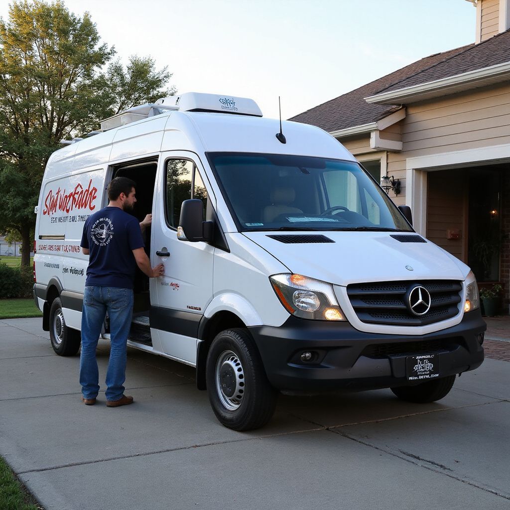 Man exiting a white Mercedes Sprinter van parked on a driveway in front of a house.