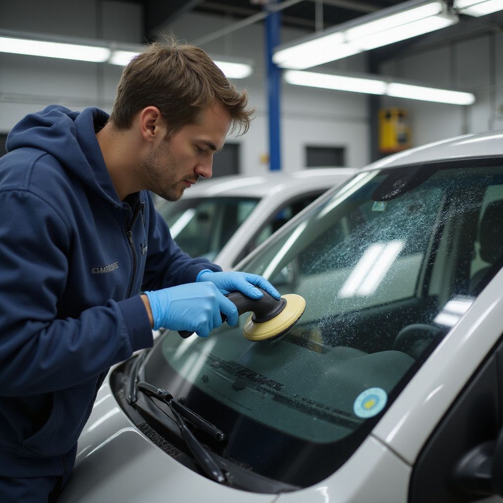 Man wearing blue gloves polishing a car windshield with a buffer in a garage.