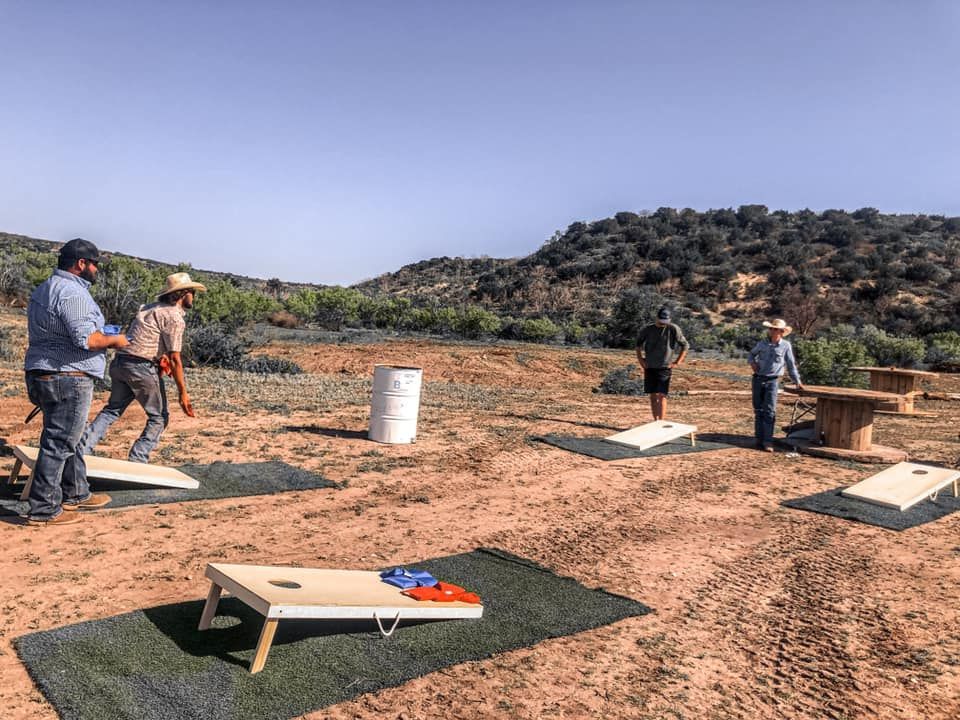 A group of people are playing cornhole in a field.