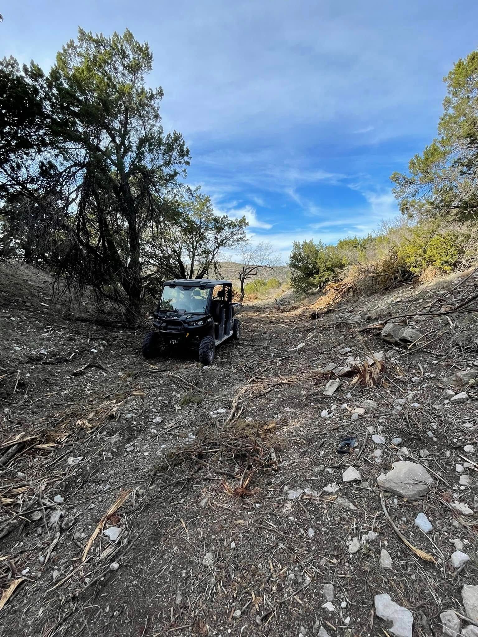 A black jeep is parked in the middle of a dirt road.