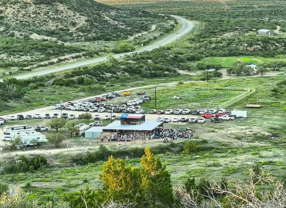 A large group of people are gathered in a field near a road.