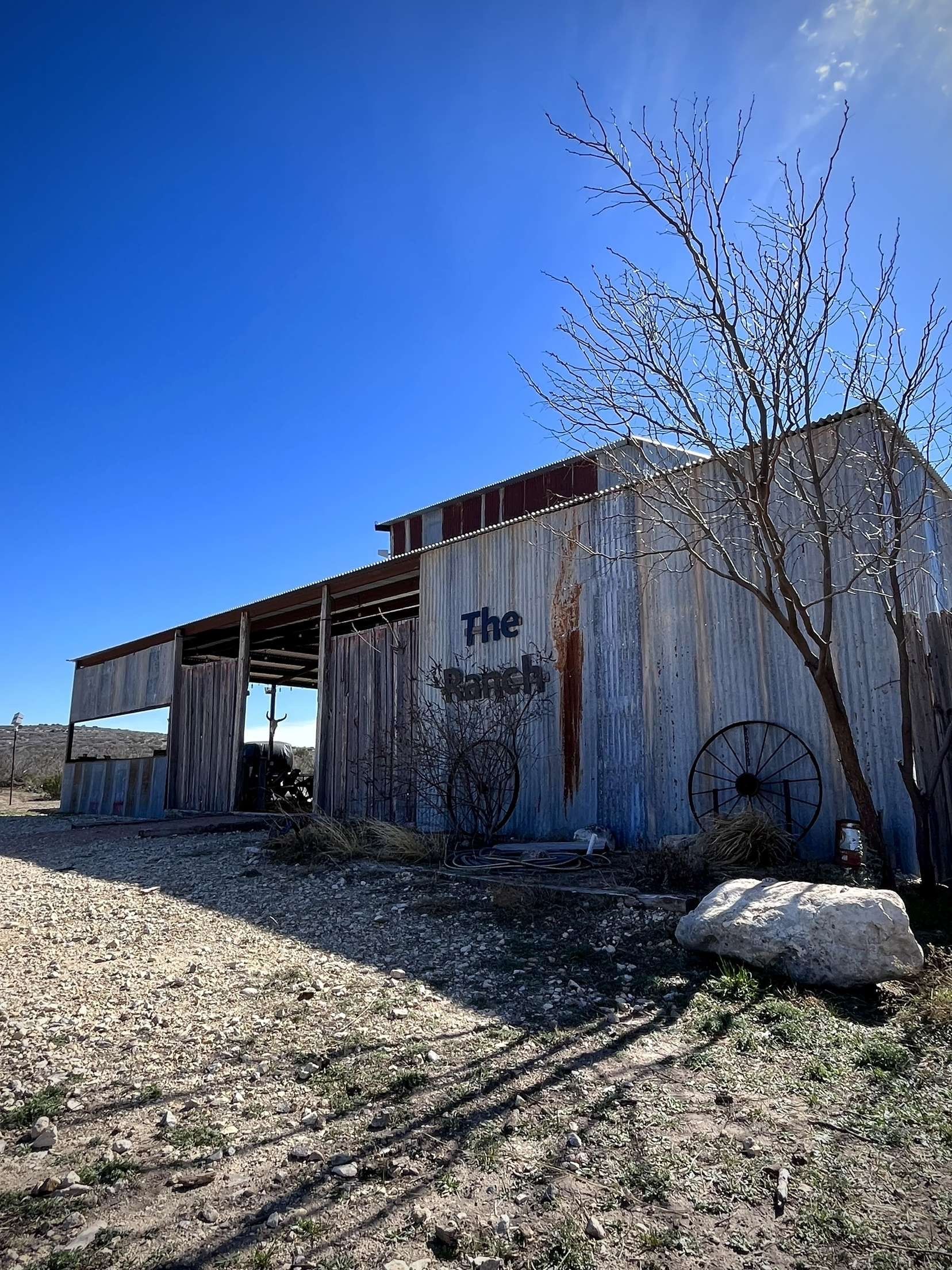An old barn with a tree in front of it and a blue sky in the background.