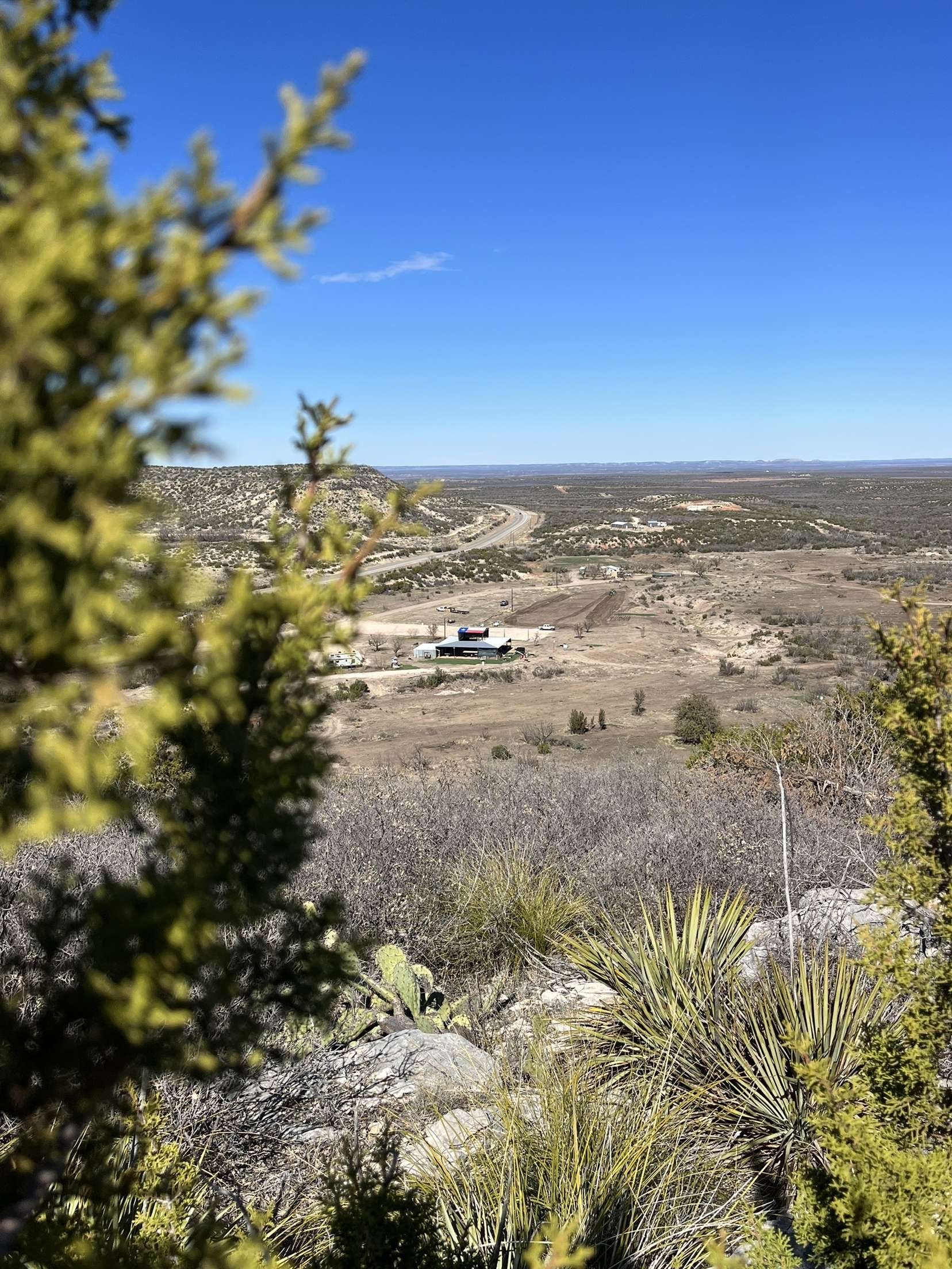 A view of a desert landscape from a hill with trees in the foreground.