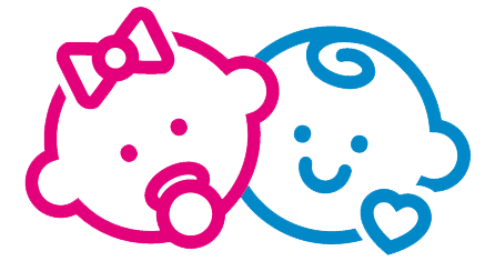 Pink and blue cartoon babies; one with a bow and pacifier, the other with a curl and heart.