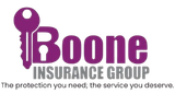 Boone Insurance Group logo: Purple key over the word "Boone," with "INSURANCE GROUP" below in gray, and a tagline.