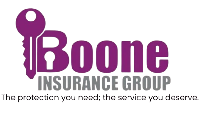 Boone Insurance Group logo: Purple key over the word "Boone," with "INSURANCE GROUP" below in gray, and a tagline.
