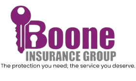 Boone Insurance Group logo: Purple key over the word "Boone," with "INSURANCE GROUP" below in gray, and a tagline.