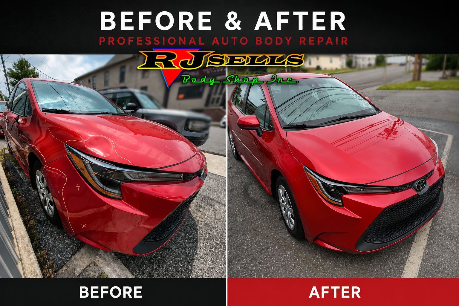 before and after photo of a collision repair to vehicle
