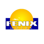 Logotipo do Fenix Hotel: sol amarelo sobre retângulo azul com a inscrição