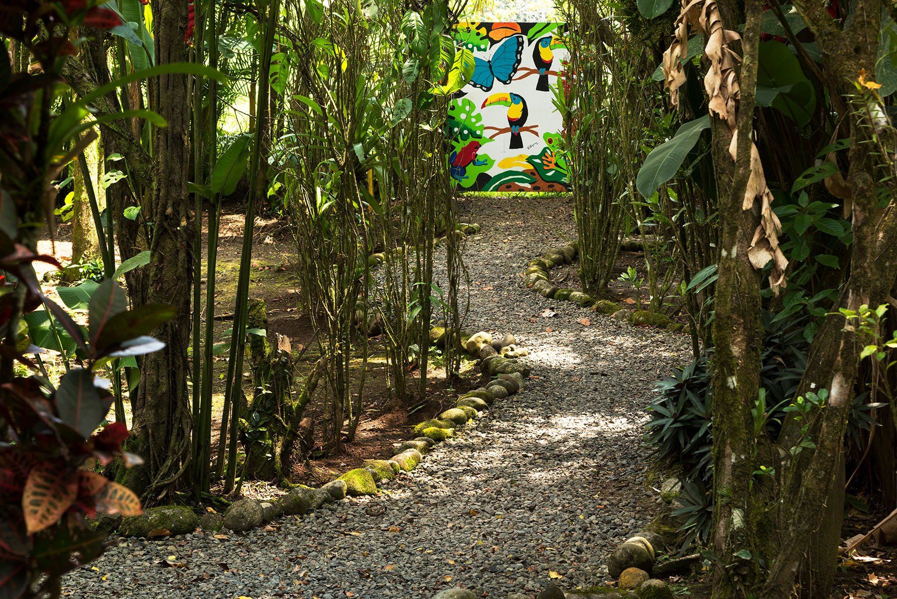 a path in the woods with a painting on the wall .