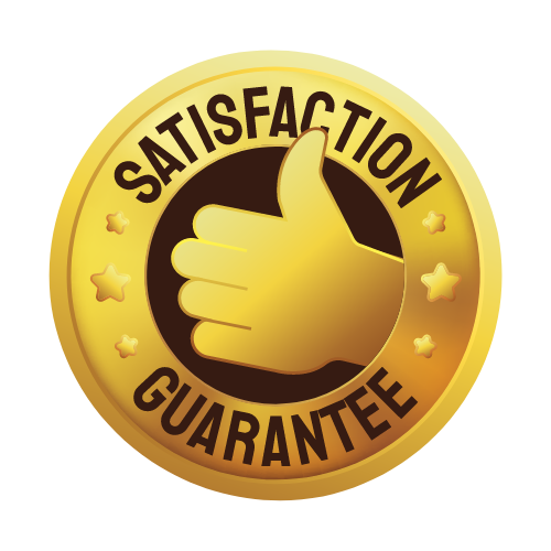 A gold satisfaction guarantee badge with a hand giving a thumbs up