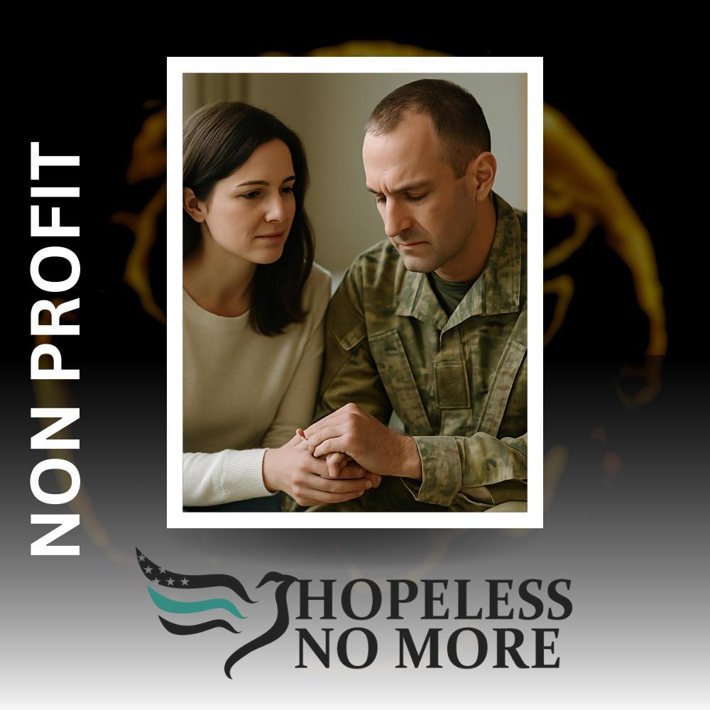 A man in a military uniform is hugging two children while holding an american flag.