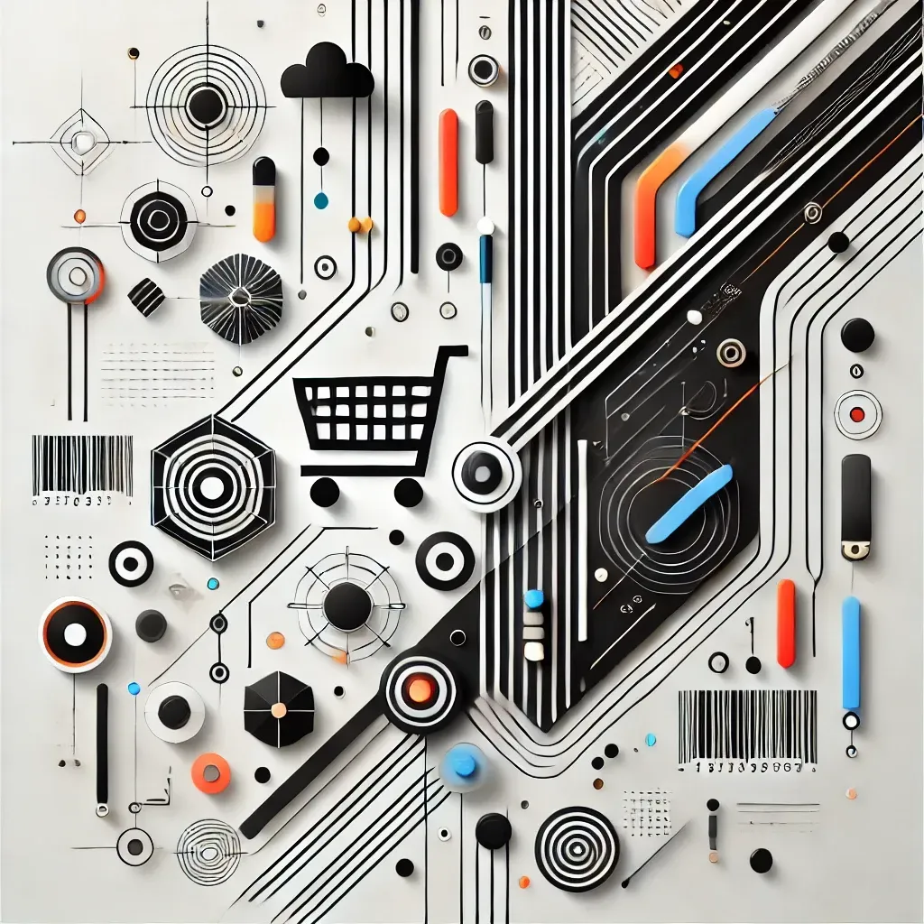 Abstract art of depicting commerce and technology elements. 
