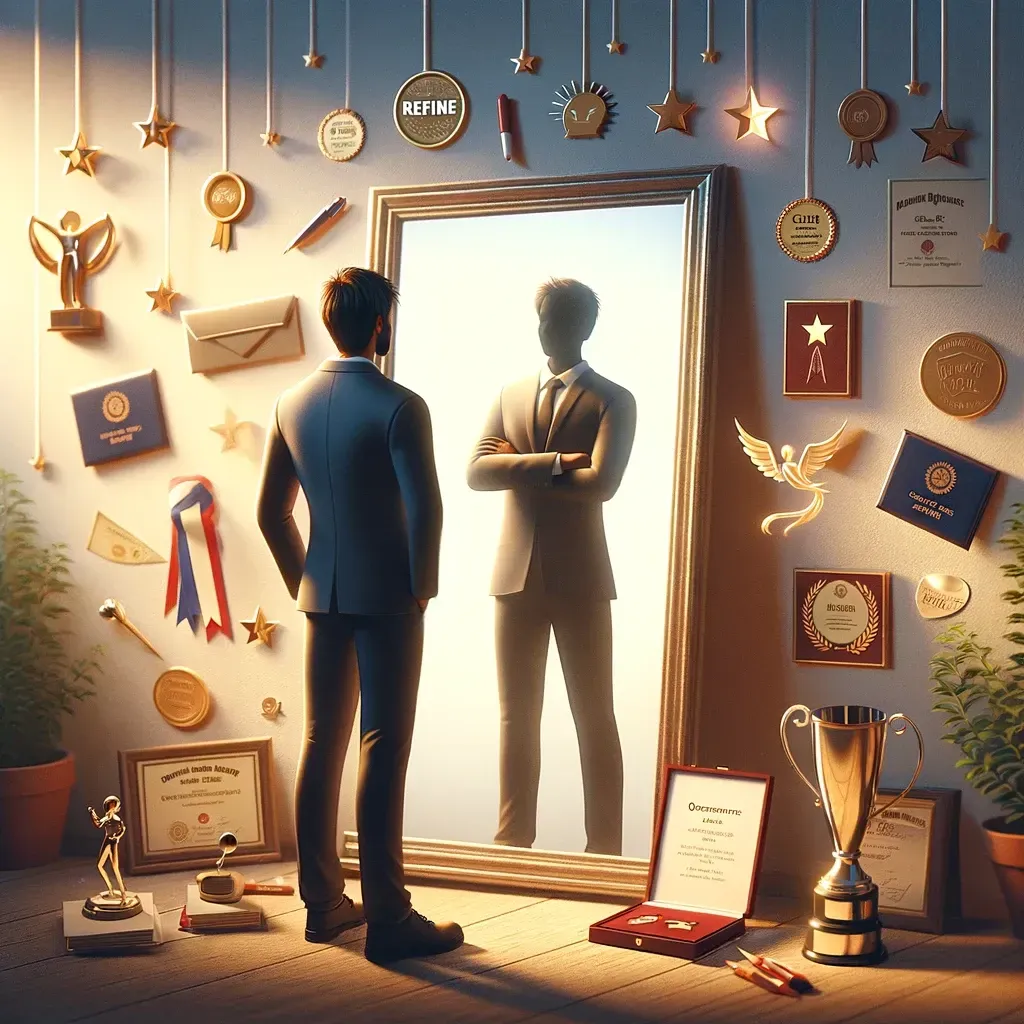 A man in a suit is looking at his reflection in a mirror surrounded by trophies.