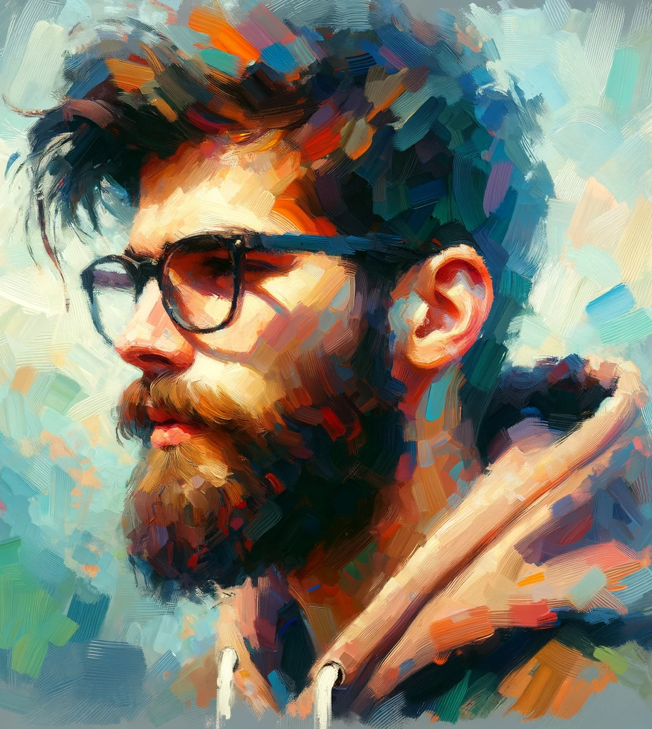 A colorful painting of a man with a beard and glasses
