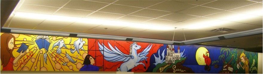 A wall with a painting of a bird on it