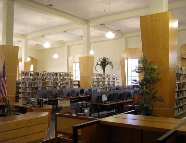 A library with a palm tree in the middle of it