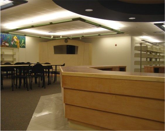 A room with tables and chairs in it