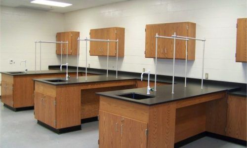 A row of lab tables with black counter tops and wooden cabinets