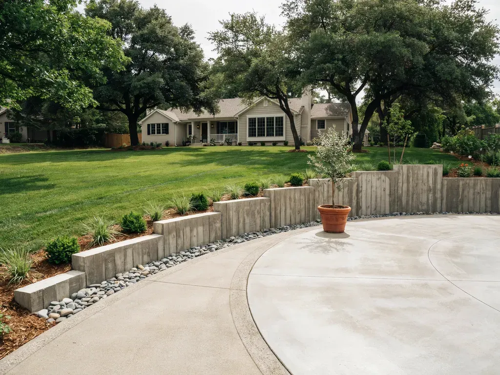 Modern white two-story house with black shutters and a wide paved driveway in front