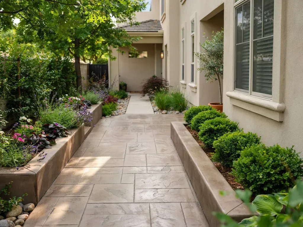 Narrow garden walkway beside a house, bordered by raised planters with shrubs and flowers.