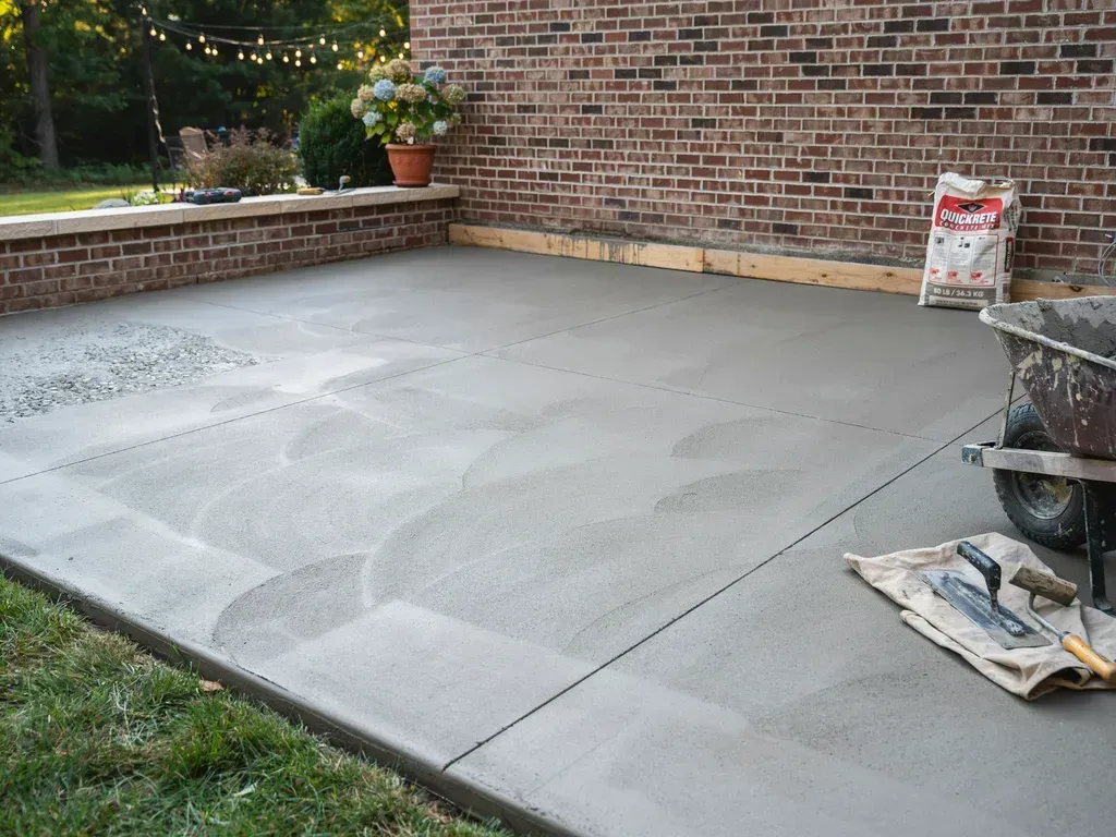 Freshly poured concrete patio beside a brick wall with tools and supplies nearby