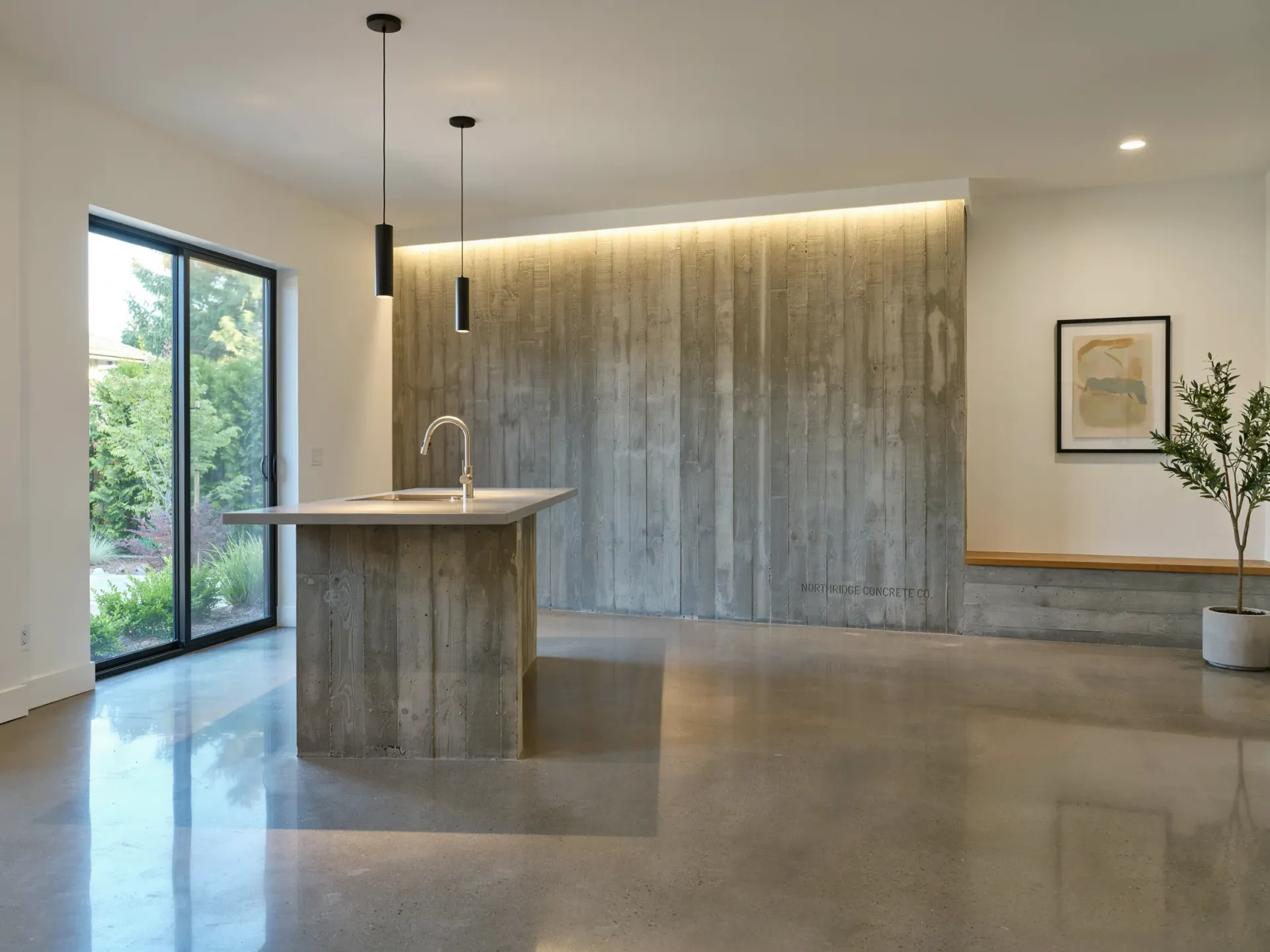 Modern minimalist kitchen with concrete island, wood accent wall, and floor-to-ceiling windows