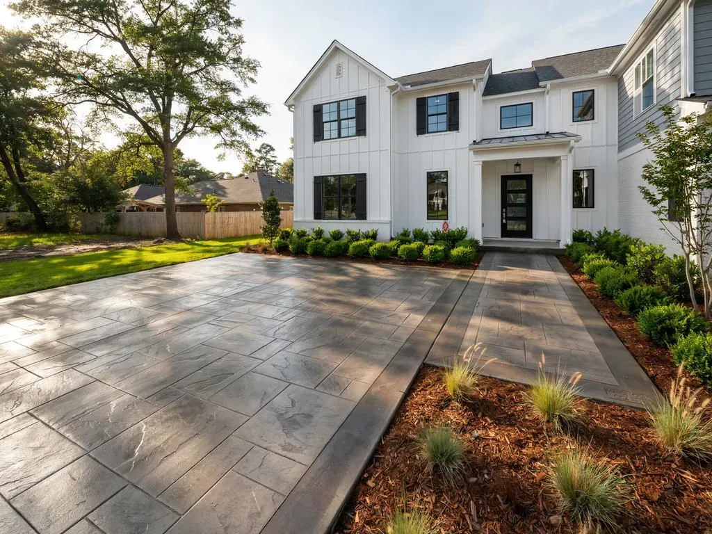 Modern white two-story house with black shutters and a wide paved driveway in front