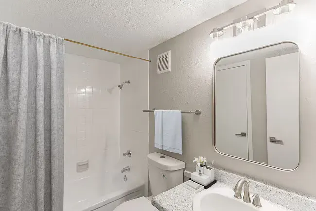 Bathroom with shower, toilet, sink, mirror, light gray walls, and a light blue towel.