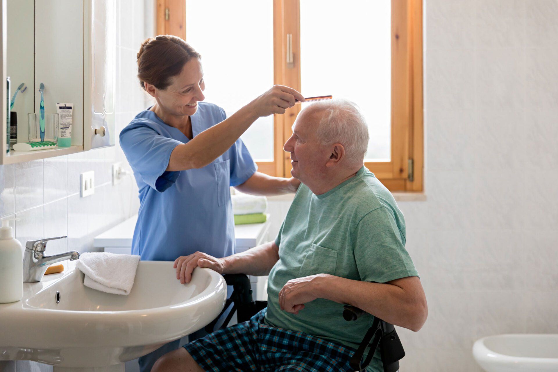 Caregiver with Senior Man in Bathroom — West Palm Beach, FL — Right Care Solutions