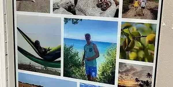 A collage of pictures of a man standing on a beach.