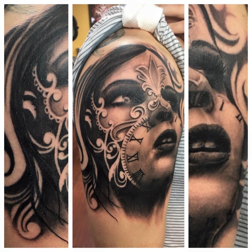 A tattoo of a woman with a clock on her face
