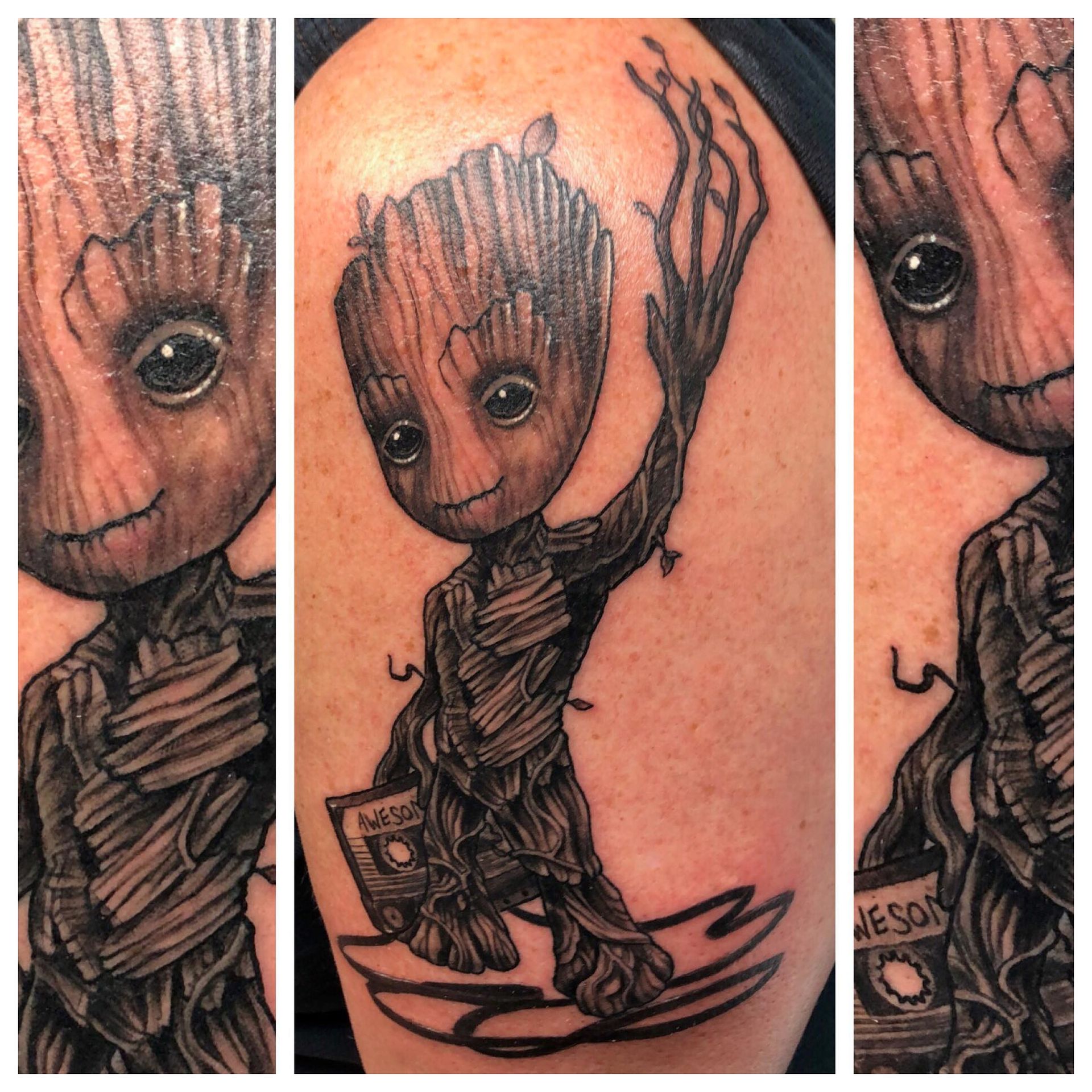 A tattoo of groot from the movie guardians of the galaxy