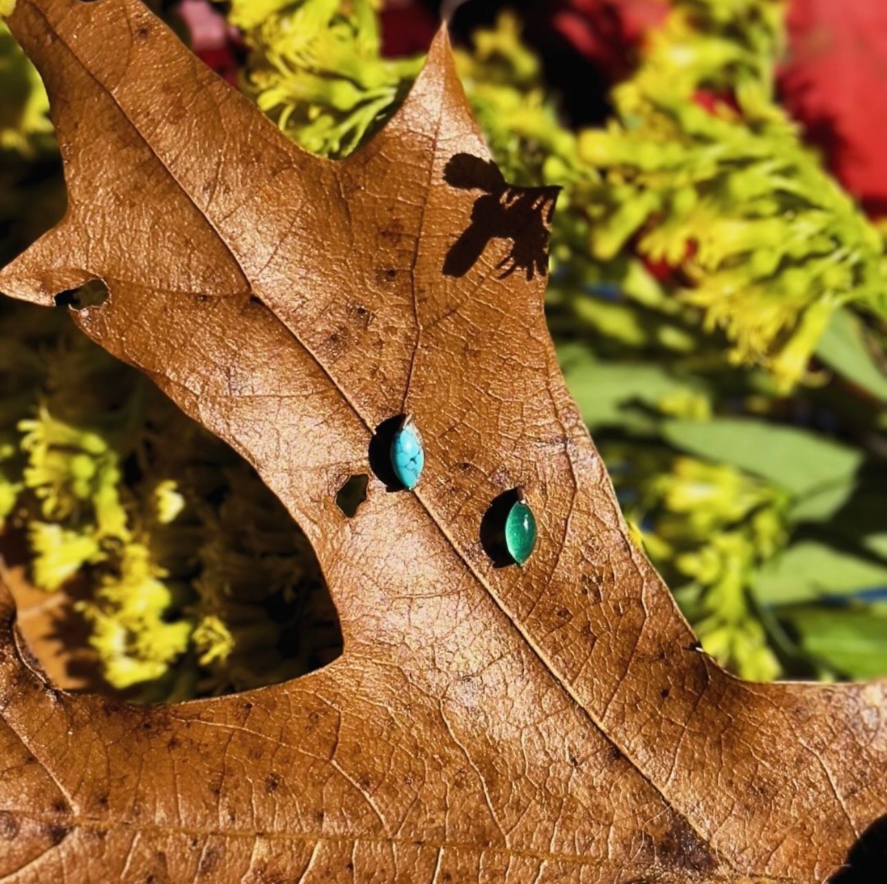A close up of a brown leaf with a green bug on it