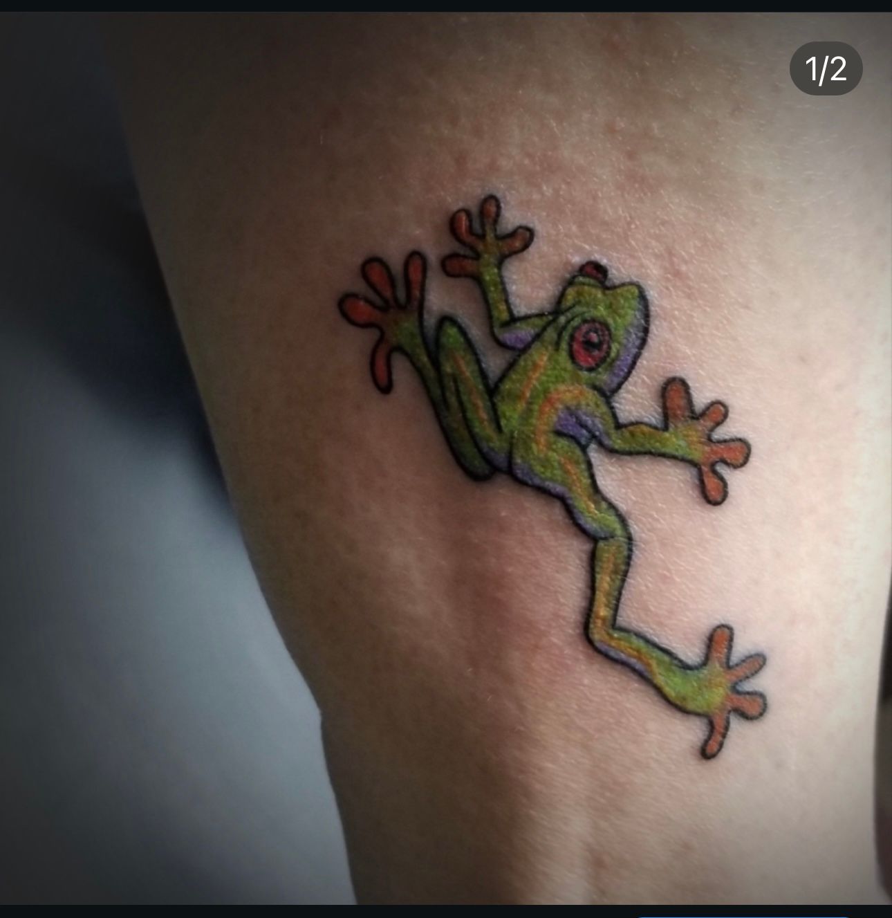 A colorful frog tattoo on a person 's leg