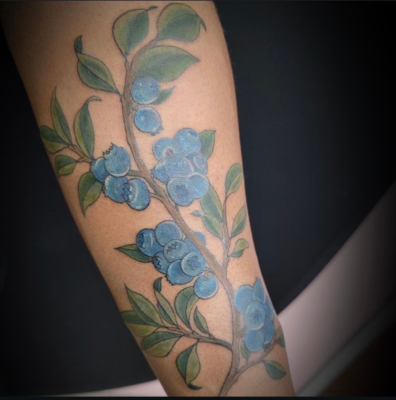 A person has a tattoo of blueberries on their arm