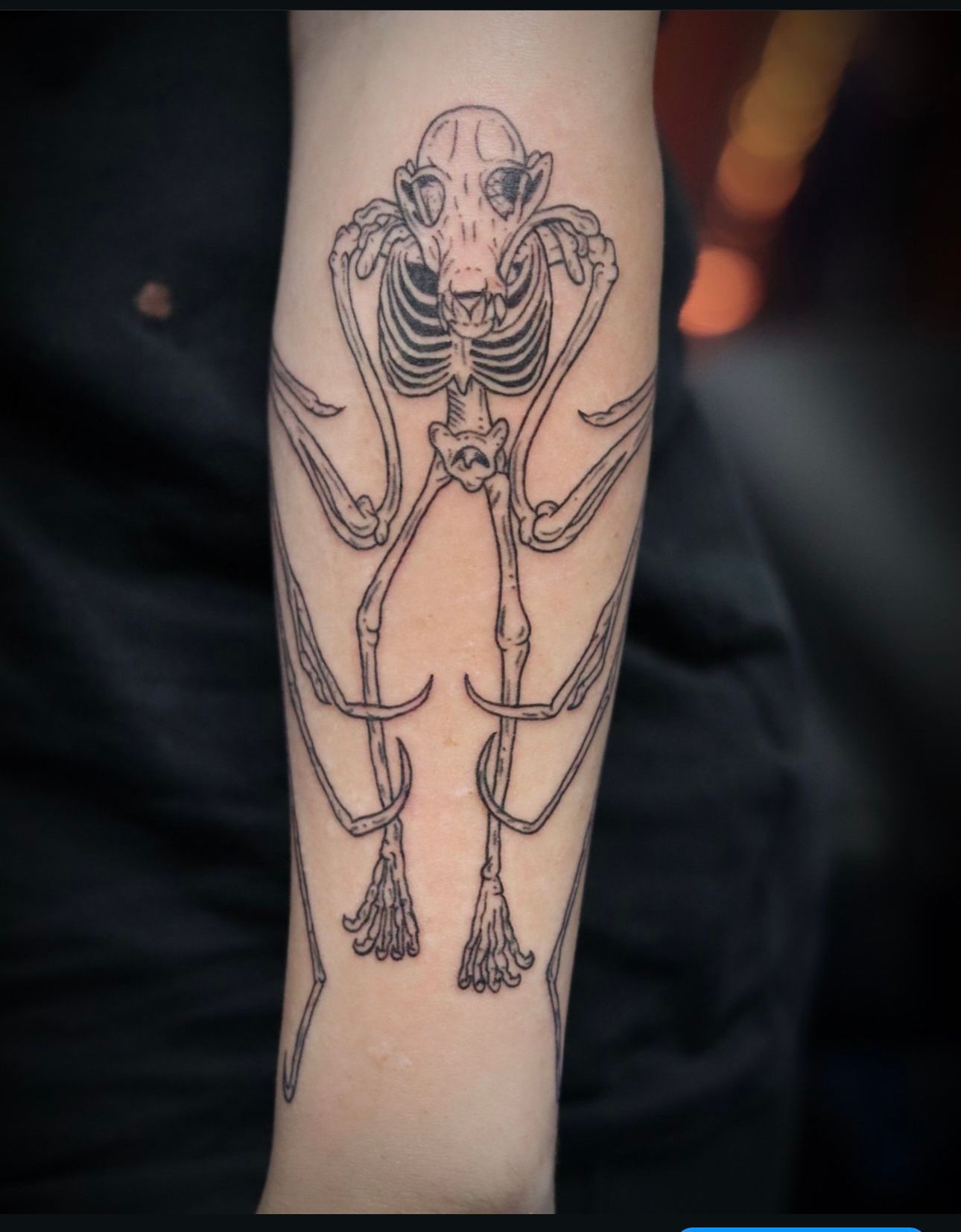 A person has a tattoo of a skeleton on their forearm