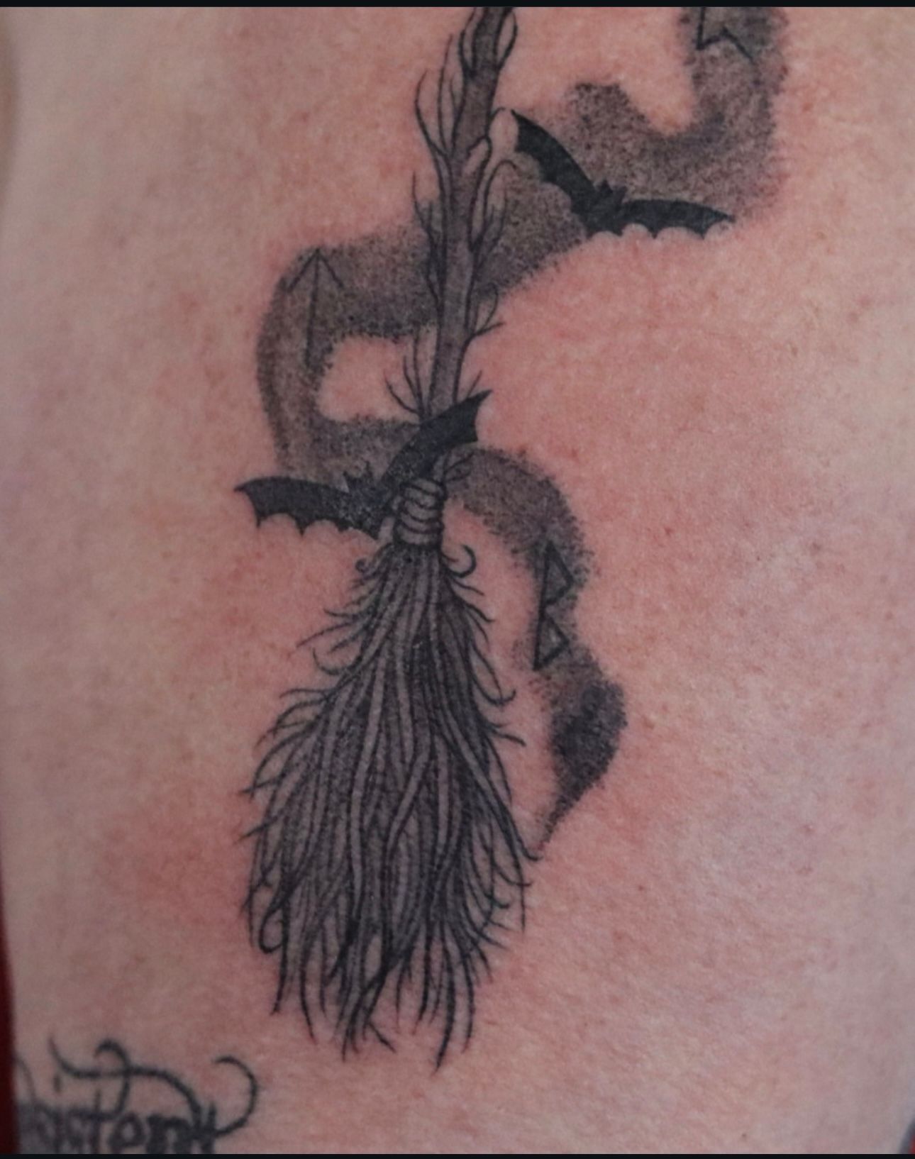 A tattoo of a broom with bats hanging from it