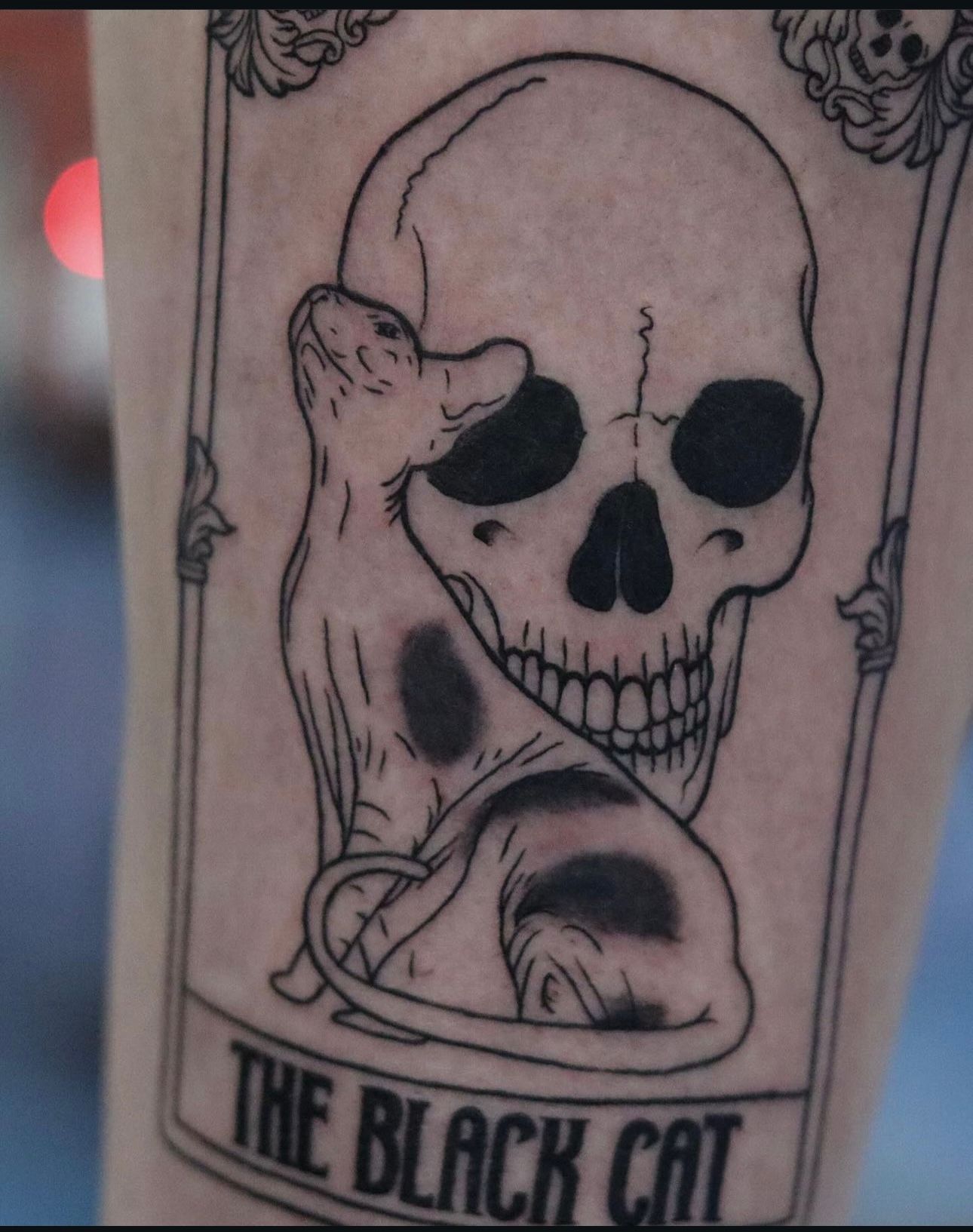 A tattoo of a skull and a cat with the words 
