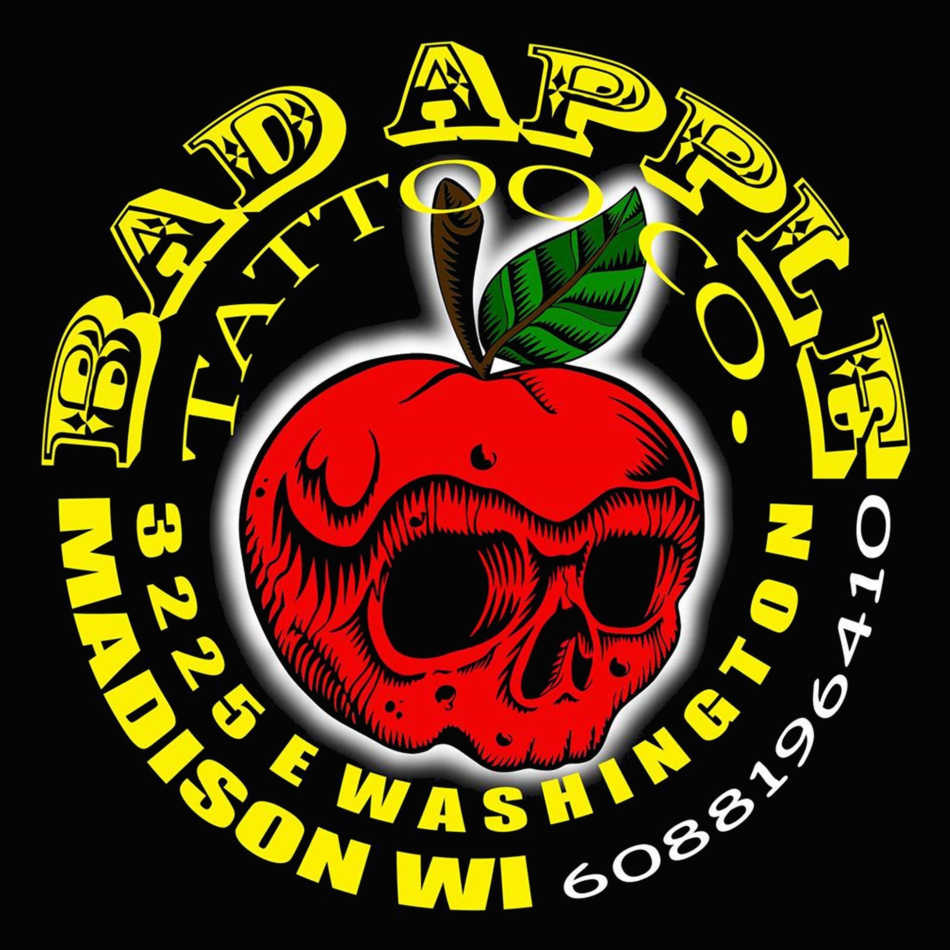 A logo for bad apple tattoo in madison wi